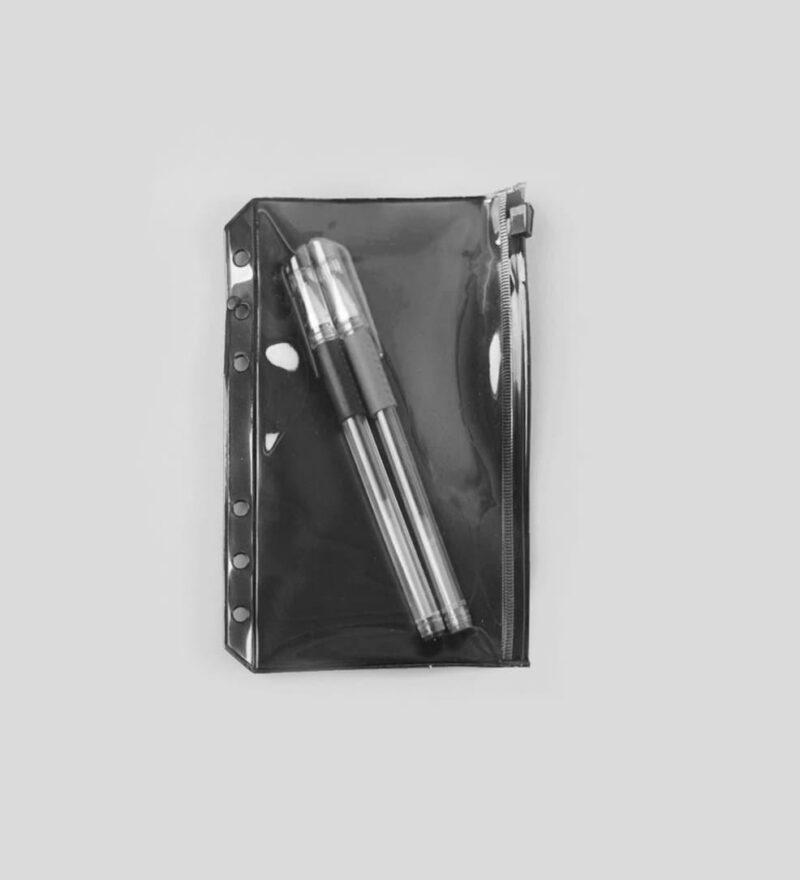 2 PCS A6 Black Binder Pockets sitting in a pouch alongside Translucent PVC Cash on a white background.